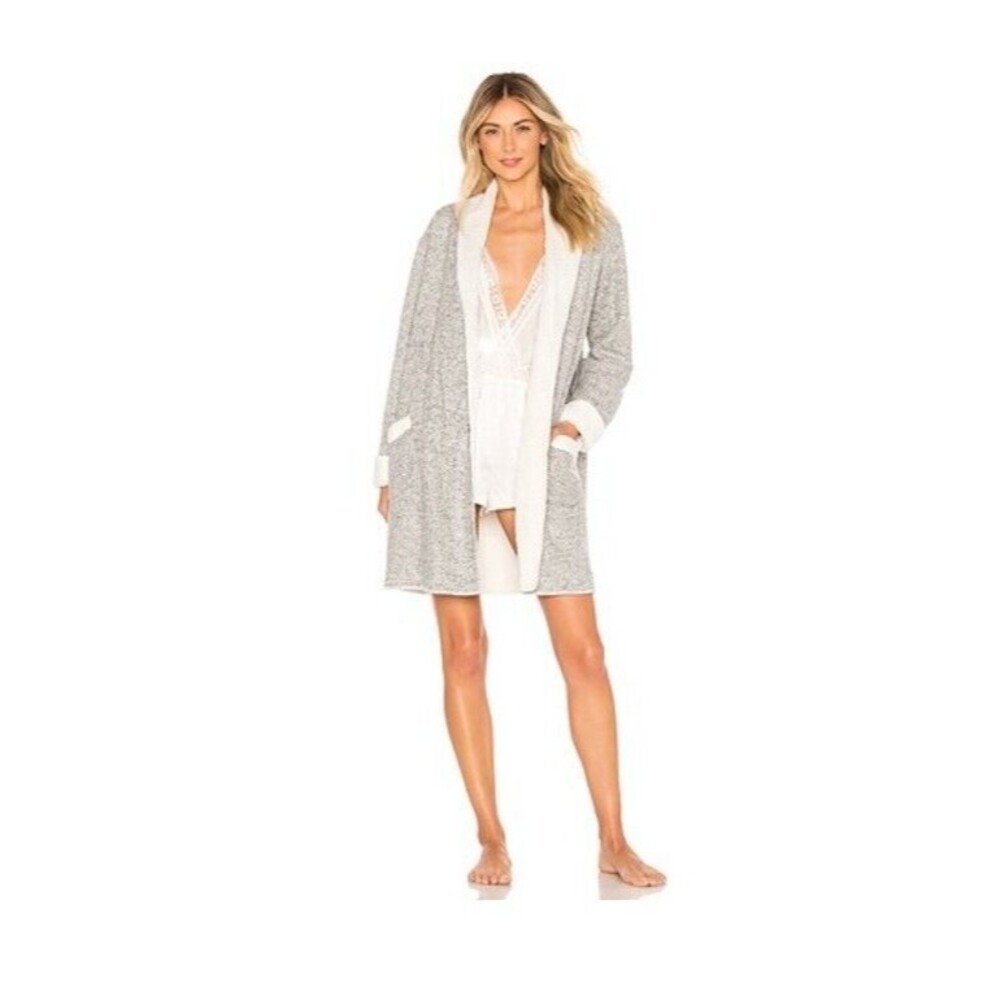 Splendid PJ Robe Gray Women Medium Belted Faux Fur Lining POCKETS Loungewear